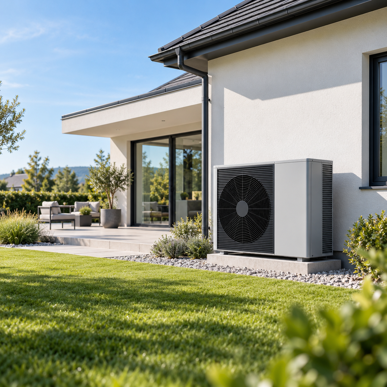 Modernes Haus mit Wärmepumpe im Garten